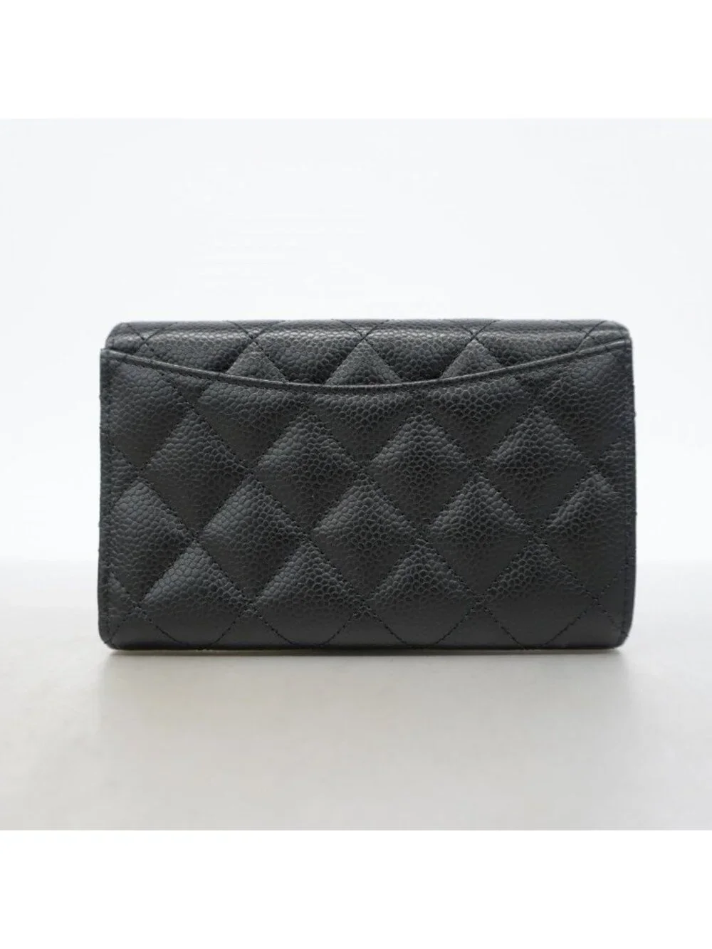 Chanel Trifold Wallet Quilted Caviar Leather Black Gold